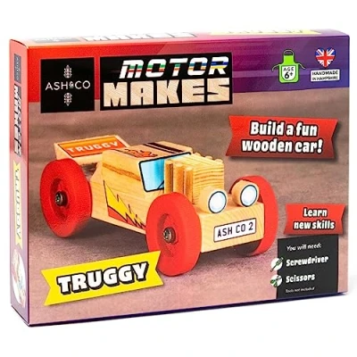 Image of Ash &amp; Co Motor Makes Build a Wooden Car Woodwork kit for Kids Fun Craft Boys and Girls Age 6+ (Truggy/Red)