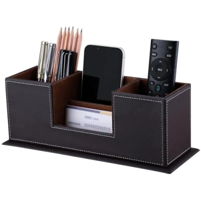 Image of KINGFOM Desktop Organizer Tidy Multifunctional Desk Stationery Storage Double Pen Pencil Holder Office Supplies Organiser Brown