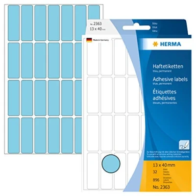 Image of HERMA Multi Purpose Labels, 28 Labels per Sheet, 32 Sheets, 13 x 40 mm, 896 Self Adhesive Small Stickers, Blank Sticky for Office Kitchen Home, Blue