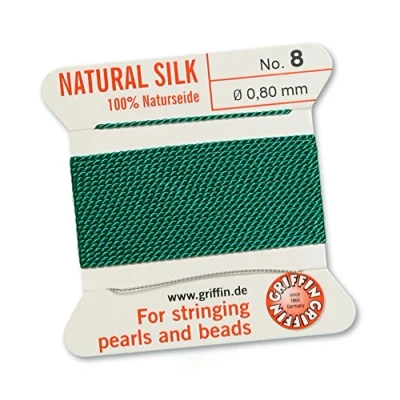 Image of Griffin Since 1866 Germany 100% Natural Silk Beading Cord Green 0.80mm, 2m with Needle