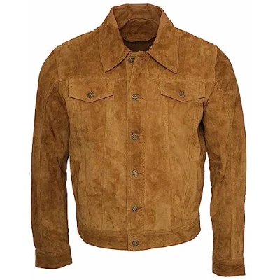 Image of Men&#039;s Trucker Casual Goat Suede Tan Leather Shirt Jeans Jacket S