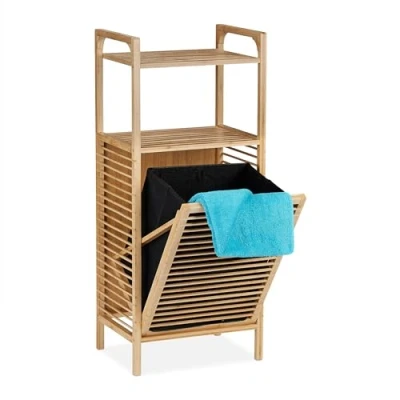 Image of Relaxdays Bathroom Shelf with Laundry Hamper, Removable Folding Fabric Box, Bamboo Frame, 95 x 40 30 cm, Natural/Black
