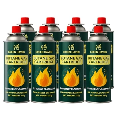 Image of Green Haven Butane Gas Canisters Pack of 8 Stove Camping Cooker for BBQ Propane Bottle EN417 Cylinders Refill