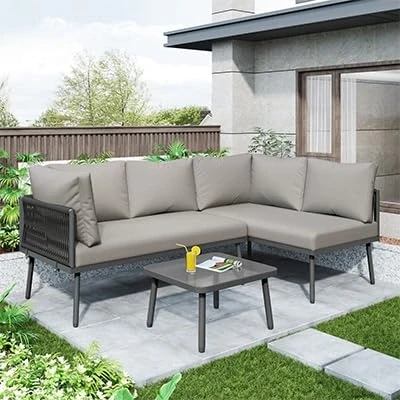 Image of Merax 4 5 Seater Outdoor Garden Furniture Set Grey L Shaped Corner Sofa with Thick Cushions &amp; Glass Coffee Table, Weather Resistant Patio Lounge for Garden, Balcony Terrace