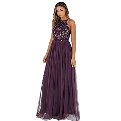 Image of Maya Deluxe Women&#039;s Ladies Bridesmaid Maxi Dress Halter Neck Sequin Embellished Prom Graduation Wedding, Berry, 22
