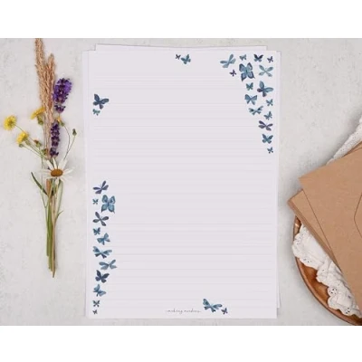 Image of Making Meadows A4 Lined Letter Writing Paper Set (20 Sheets &amp; 10 envelopes) Blue Butterfly Border Design On Penpal Stationery