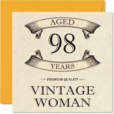 Image of Vintage 98th Birthday Cards for Women Aged 98 Years Fun Card Mum Sister Wife Granny Nanny Grandma Auntie, 145mm x Ladies Greeting Cards,
