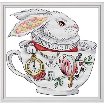 Image of Cross Stitch Kits Stamped, OWN4B Rabbit Cups Printed Pattern 11CT 13.0 x113.0 inch DIY Embroidery Kit (Cup)
