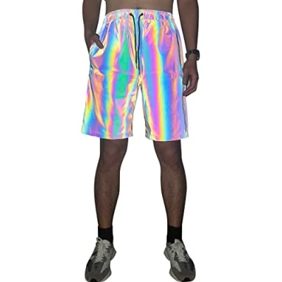Image of Rainbow Reflective Shorts Pants Men Fluorescent Trousers Casual Night Jogger (Shorts, L)