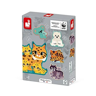 Image of Janod 5 Adaptable Animal Puzzles (2 to 6 Pieces) Early Educational Game Observation and Coordination Made in France WWF Partnership FSC Certified Cardboard From 2 years old, J08625