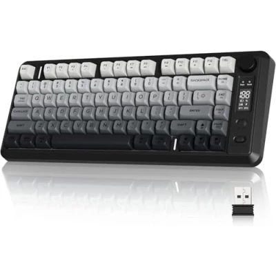 Image of FREEWOLF M75 Dual Mode Wireless Keyboard, Bluetooth+2.4G Connection, Knob Control&amp;Display Screen, 82 Key Compact PBT Gradient Keycaps, Rainbow Light, 2000mAh, Full Non Conflict for Mac/Win Black