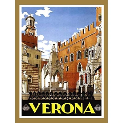 Image of Wee Blue Coo Travel Verona Torre Di Lamberti Italy Vintage Art Print Poster Wall Decor 12X16 Inch
