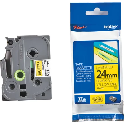 Image of Brother P Touch TZe Laminated Tape 24mm x 8m Black on Yellow TZE651