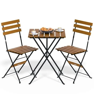 Image of CASARIA® Garden Furniture Set for 2 Foldable &amp; Fully Assembled Metal Steel Frame FSC® Certified Acacia Wood Weatherproof Wooden Folding Chairs Table