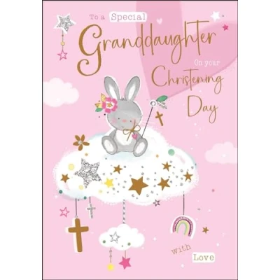 Image of Granddaughter Christening Congratulations Card Special Rabbit and Stars Finishes Illustrated Insert Leaf Made in the UK