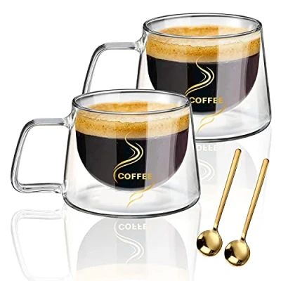 Image of KAMEUN Double Walled Mug 200ML, Set of 2 Handmade Insulated Borosilicate Glass with Handle, Dishwasher Safe &amp; Heat Resistant, Ideal for Clear Coffee Cups Hot and Cold Drink