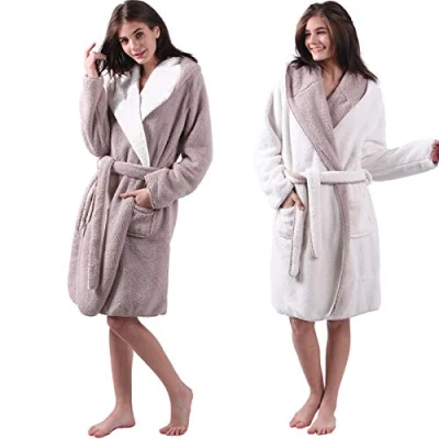 Image of HOMELEVEL Sherpa reversible bathrobe lambskin look for ladies and gentlemen with hood dressing gown housecoat