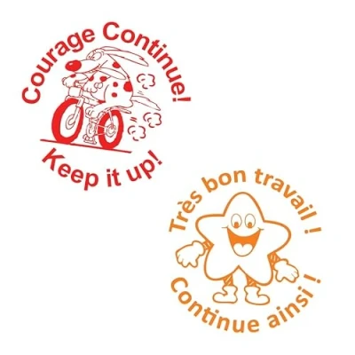 Image of French MFL Teacher Stamps Très Bon Travail ! / Continue ainsi &amp; Courage Keep it up! Two Stamp Set Reinkable. 22mm
