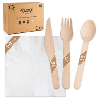 Image of FOOGO Green 250pcs Disposable Wooden Cutlery and White Napkins, FSC® Certified, 50x Forks, Knives, Spoons, 100x 2Ply Strong Paper Serviettes, Eco Set, Biodegradable