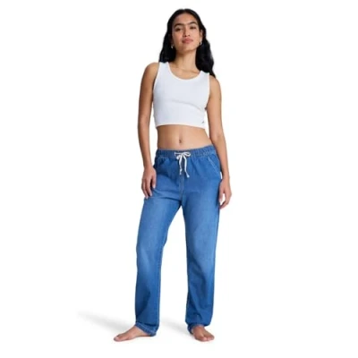 Image of ROXY Young Womens Slow Swell Pant Bmtw Elasticated Relaxed Fit Jeans, Medium Blue, S UK