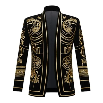 Image of PYJTRL Mens Stylish Court Prince Black Velvet Gold Embroidery Blazer Suit Jacket (Golden Flower, M)