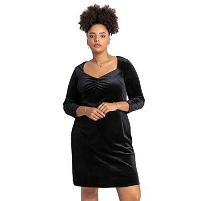 Image of Roman Curve Women Sweetheart Neck Velvet Dress Ladies Spring Everyday Summer Evening Vacation Work Holiday 3/4 Sleeve Smart Casual Black Size 26