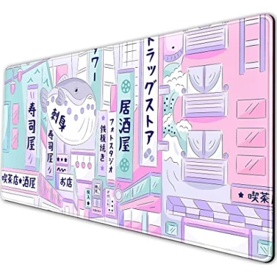 Image of Pastel Tokyo Street Cute Desk Mat Kawaii Anime Japanese Mousepad Large Gaming Mouse Pad Beige Desktop Laptop Keyboard City Aesthetics Mats for Women Girl 31.5x15.75 in