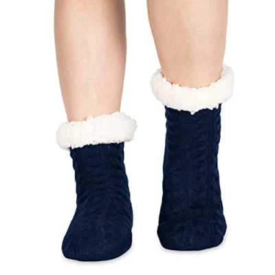Image of Polar Womens Slipper Socks Soft Fleece Lined With Sole Grips Gift Packaging Snuggly Present For Her Insulated Warm Fluffy Sherpa Lining Thick Thermal Navy UK 5/6