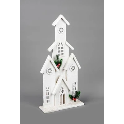 Image of SHATCHI 51cm Battery Powered Warm White LEDs Wooden Tower House Snow Covered Cottage Village Indoor Christmas Decorations, Wood