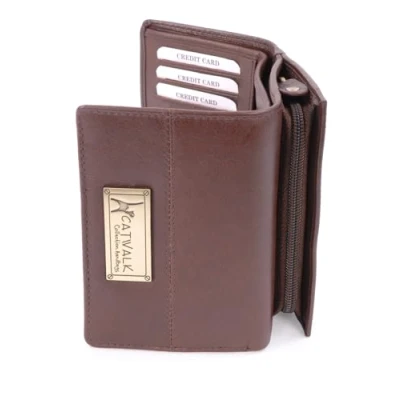 Image of Catwalk Collection Handbags Ladies Medium Leather Purse Women&#039;s Trifold Wallet with 8 Card Slots &amp; Zip Coin Pocket RFID Victoria Brown