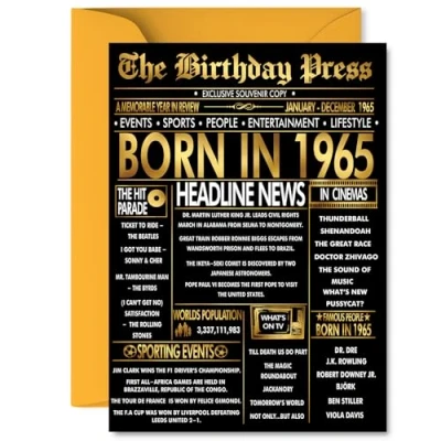 Image of Gold 60th Birthday Card for Men Women Black &amp; Golden Newspaper Born in 1965 Happy 60 Cards Cousin Auntie Dad Uncle Grandad Neighbour, 5x7 Inch Bday Greeting