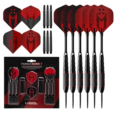 Image of Darts Corner X1065 Thunder 24 Piece Steel Tip Dart Set with 22g Barrels, Flights and Aluminium Shafts, Series 1, Black/Red