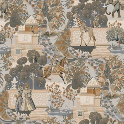 Image of Holden Eastern Horizons Animal Palace Multi Wallpaper for Bedroom, Living Room, Dining Room Decor, Themed Lion, Elephant, Giraffe, 10m Wall Paper Roll Interior Design Blue/Orange 13761