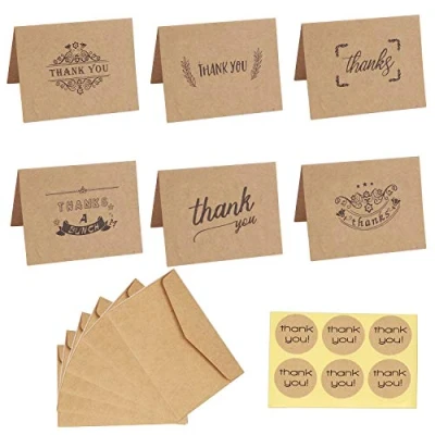Image of Thank You Cards 6 Designs Brown Kraft Paper U Greeting Note Card with Envelopes and Stickers for Graduation, Business, Wedding, Baby Shower Mother&#039;s Day 36 Pack
