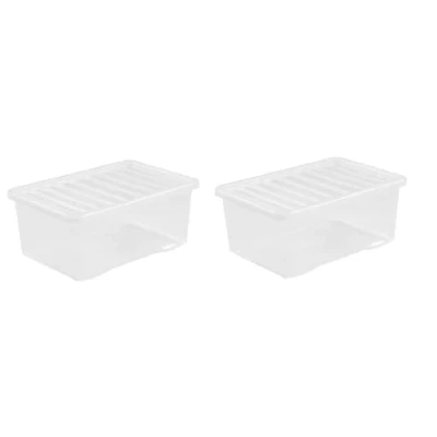 Image of 2 x 45L Plastic Storage Boxes Crystal Clear Box &amp; Lid Suitable for all around the Home Office and Workplace Stackable Nestable Large Strong 60 40 25 cm