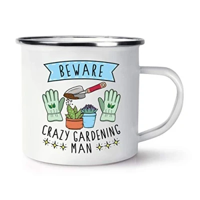 Image of Beware Crazy Gardening Man Retro Enamel Mug Cup