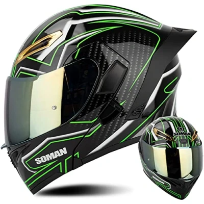 Image of Motorcycle Helmet Modular Flip Up Front Motorbike Helmet, DOT/ECE Approved Full Face With Double Visor Colored Lens Crash For Men Women,Green L(59 60cm)