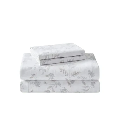 Image of Laura Ashley Twin Sheet Set, Cotton Flannel Bedding, Brushed for Extra Softness &amp; Comfort (Fawna Grey, Twin)