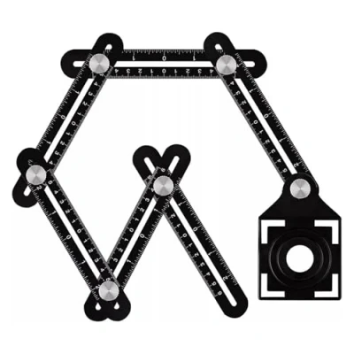 Image of 6 Fold Multi Angle Measuring Ruler Tool Aluminum Alloy Adjustable Template for Woodworking, Tiling, Brick, and Floor Projects Precise Laser Engraved Scale with Drill Guide