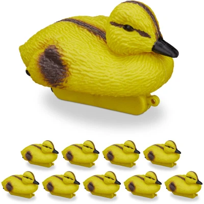 Image of Relaxdays 10x Pond, Floating Ducklings, for the Garden, Plastic, Decorative Ducks, 7 x 6.5 12.5 cm, Yellow/Black, Wood, 10 9.5 17.5 cm