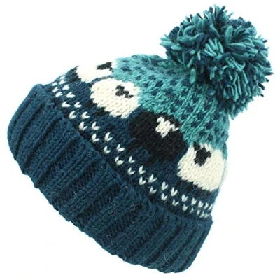 Image of LOUDelephant Wool Knit Bobble Beanie Hat Sheep Teal Green