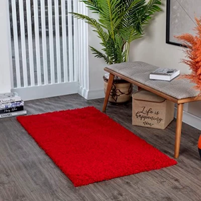 Image of Livabliss Home Shaggy Rug Modern Runner Rugs Living Room, Hallway 80x150 cm, Soft for Bedroom Neutral Boho Fluffy Rug, Easy Care Plush Thick Pile Red