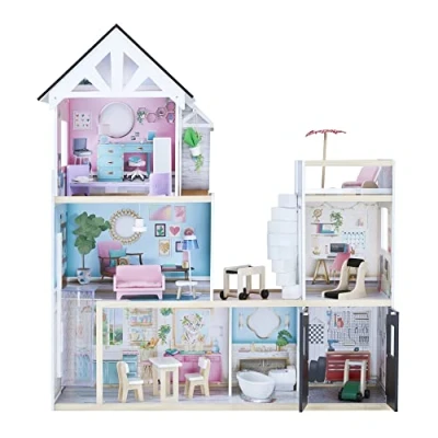 Image of Olivia&#039;s Little World by Teamson Kids Large Dreamland Mansion Wooden Dolls House 3 Floors &amp; 18 Accessories, Interactive Dollhouse with Lift Garage TD 13500C