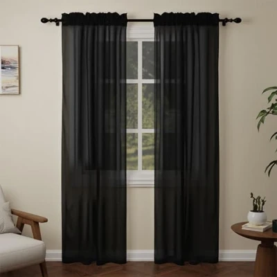 Image of Pacok Black Voile Curtains, 84 Drop 2 Panels Net Curtain for Windows, Rod Pocket Sheer Panel Curtains Living Room Kitcken Bedroom W56xL84 Inch(Black, 142 x 213cm)