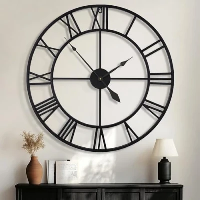 Image of HAITANG 100CM Oversized Wall Clock 40 Inches Large Modern Round Black Metal Nearly Silent Non ticking Battery Operated Roman Numerals Clocks for Living Room,Bedroom,Kitchen Home Decor