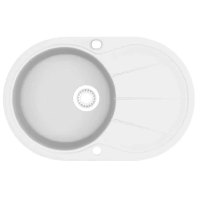 Image of vidaXL Granite Kitchen Sink Single Basin, Extra Deep, Oval Shape, White, Reversible, Scratch &amp; Heat Resistant, Includes Basket Strainer