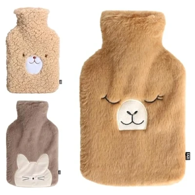 Image of LKH Hot Water Bottle with Cover UK 1 Litre Brown for &amp; Cold Compress Washable Super Soft Sherpa Neck Shoulder Period Pain Relief Bag Gift Kids Teen Adult