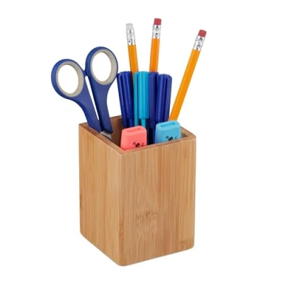 Image of Relaxdays Pen Holder, Bamboo, for Make up Brushes, Wooden, Office Organiser, HxWxD: 11 x 8 cm, Pencil Cup, Natural