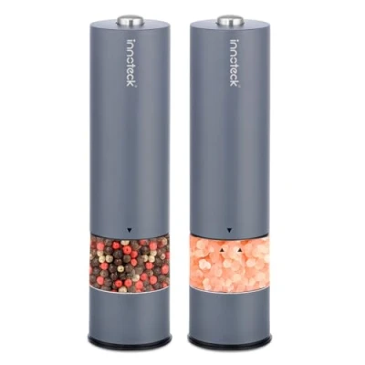 Image of Innoteck Essentials Electric Salt and Pepper Mill Set Battery Operated Grey with Light One Touch Operation &amp; Mills Adjustable Coarseness Ceramic Grinder