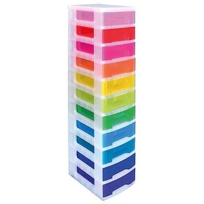 Image of Really Useful Plastic Storage Box Tower 11x7 Litre Clear Frame with Rainbow Drawers